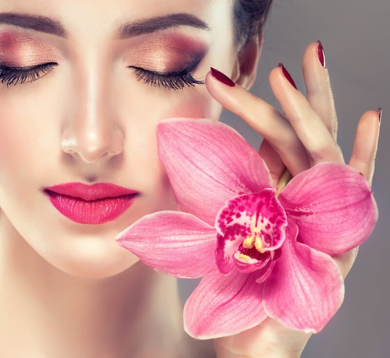 Woman with Orchid Flower — Pink, Serene, Photograph, Makeup