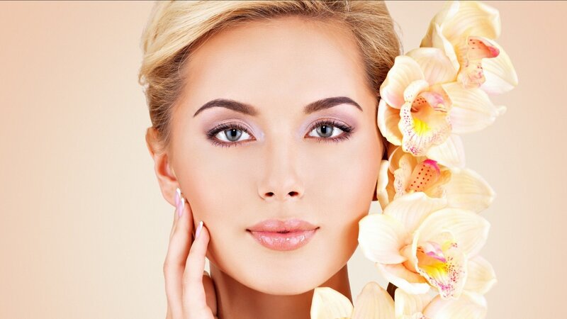 Woman with Orchid Flowers — Beige, Serene, Photograph