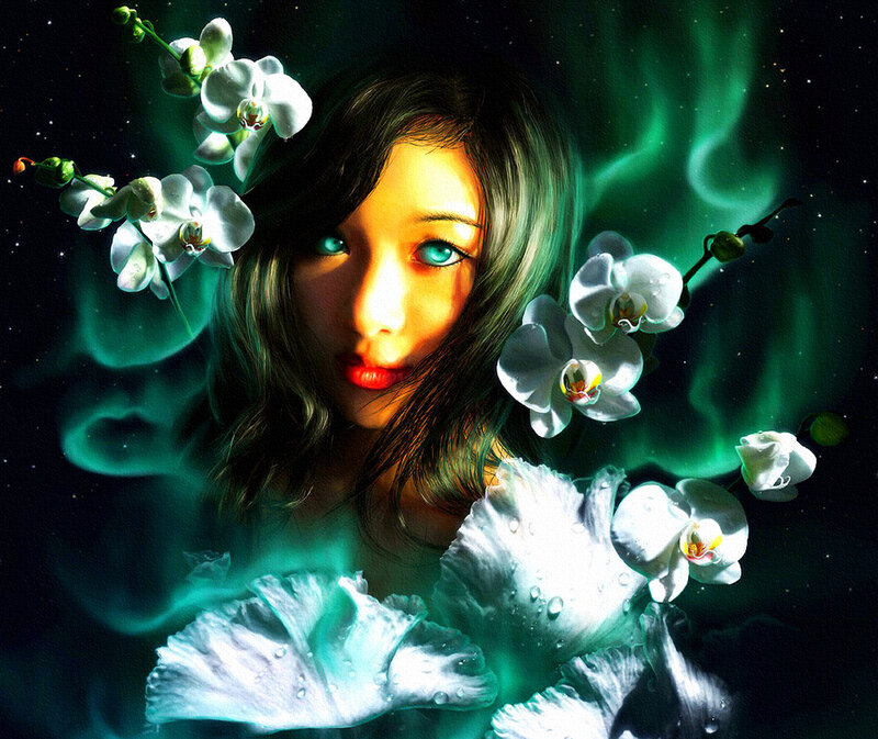 Woman with Orchid Flowers — Green