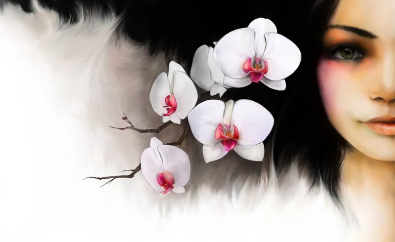 Woman with Orchid Flowers — White, Serene, Digital Art