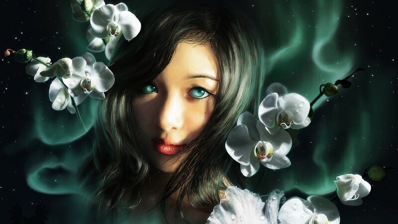 woman with orchids and aurora