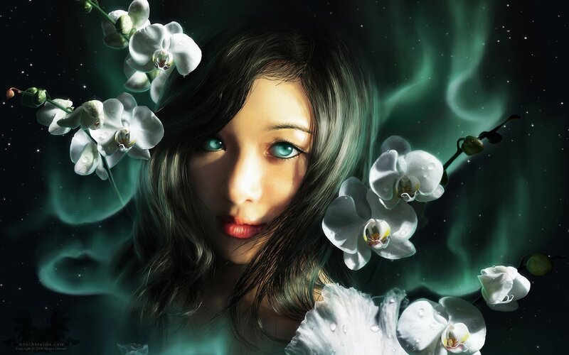 woman with orchids and aurora