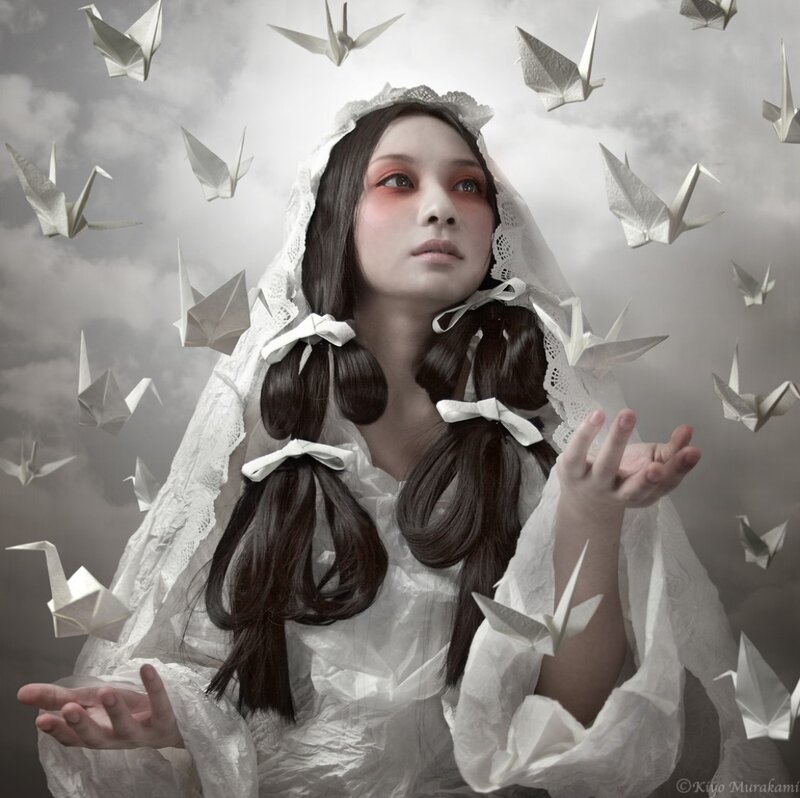 Woman with Origami Cranes — White