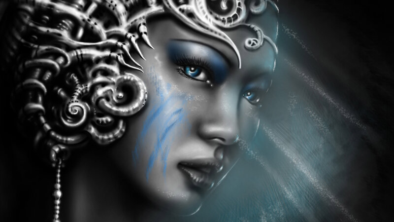 Woman with Ornate Headpiece — Black, Dramatic, Digital Art