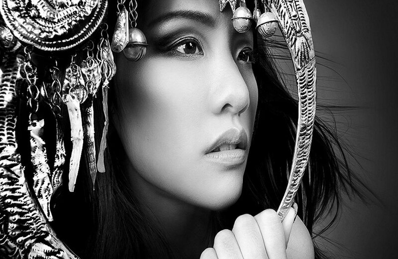 Woman with Ornate Headpiece — Black, Dramatic, Photograph