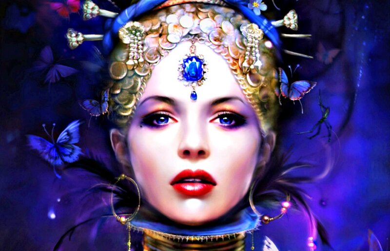 Woman with Ornate Headpiece — Blue, Dramatic, Night