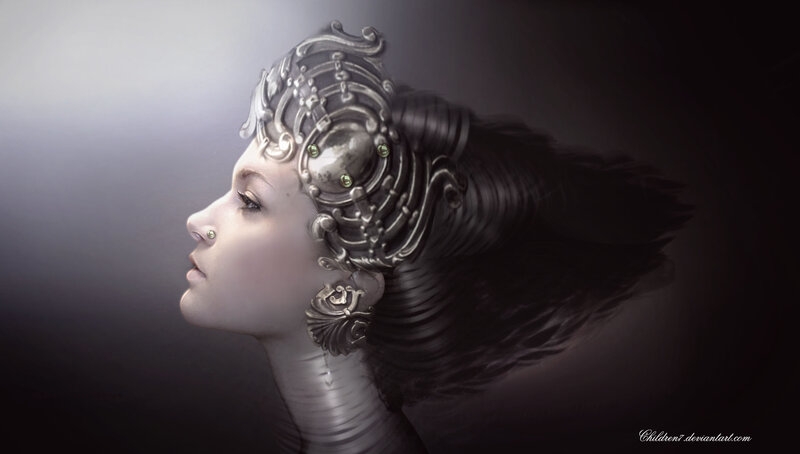 Woman with Ornate Headpiece — Gray