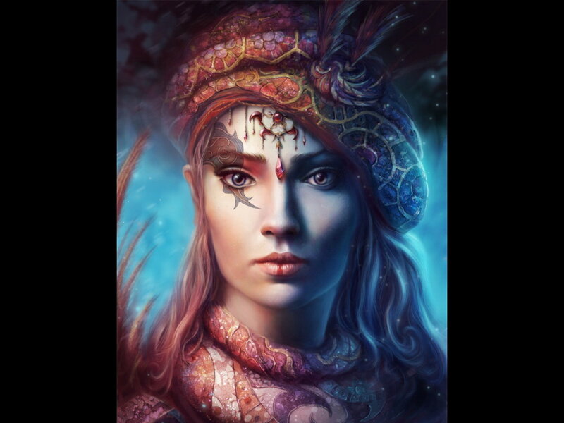 Woman with Ornate Headwear — Blue