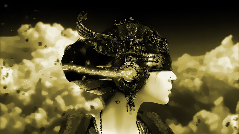 woman with ornate helmet