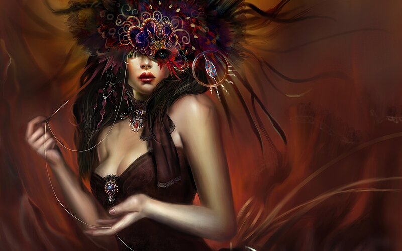 woman with ornate mask and feathers