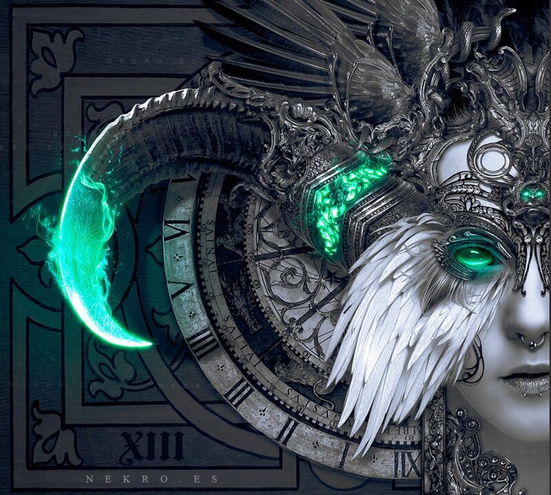 Woman with Ornate Mask — Black, Dramatic, Night