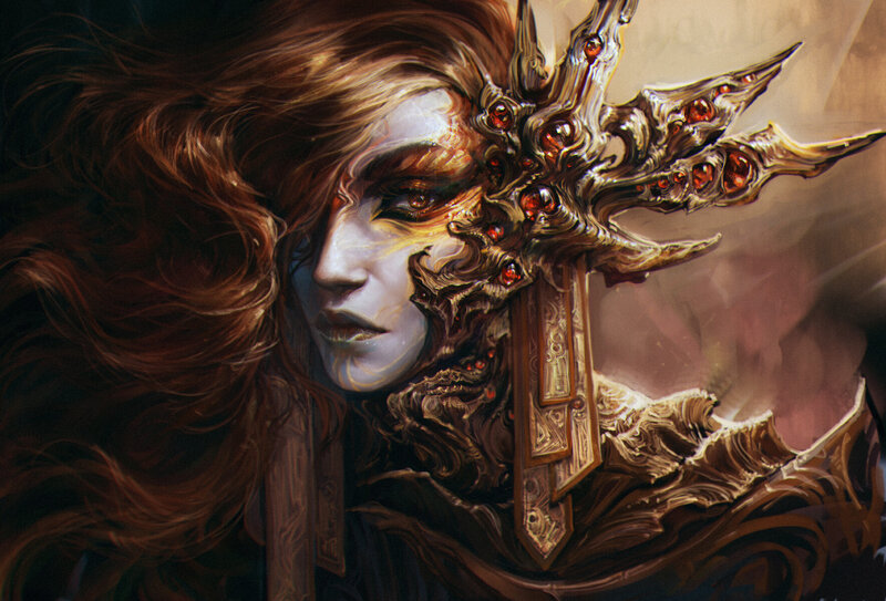 Woman with Ornate Mask — Brown, Dramatic