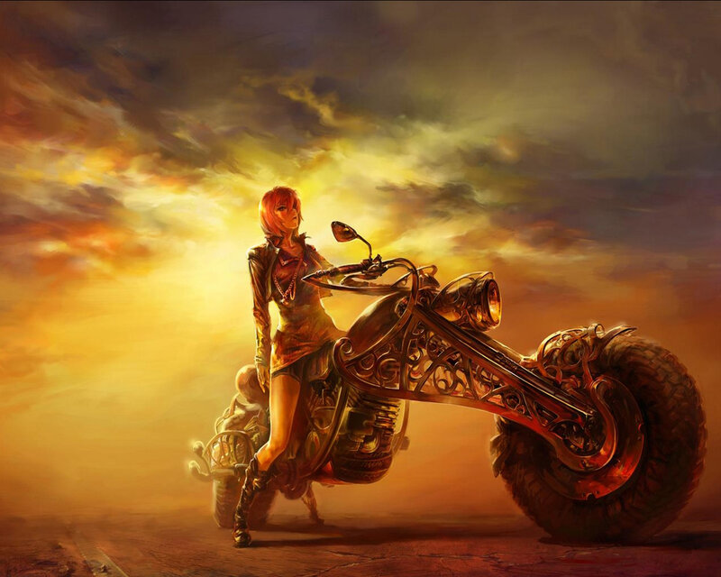Woman with ornate motorcycle
