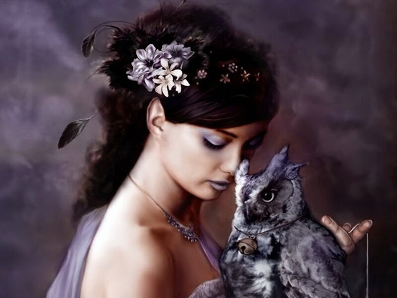 woman with owl and flowers