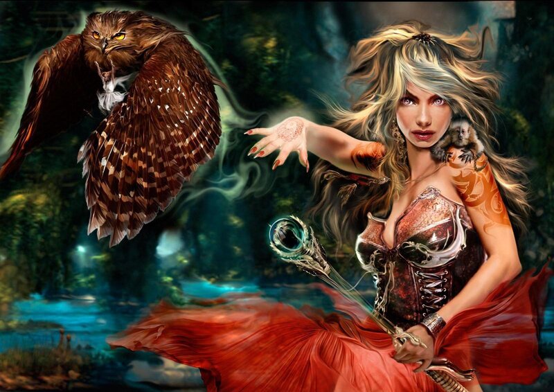 Woman with Owl and Monkey — Red, Dramatic, Night, Digital Art