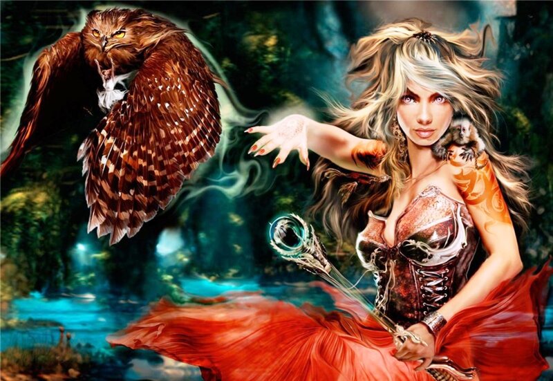 Woman with Owl and Monkey — Red, Dramatic