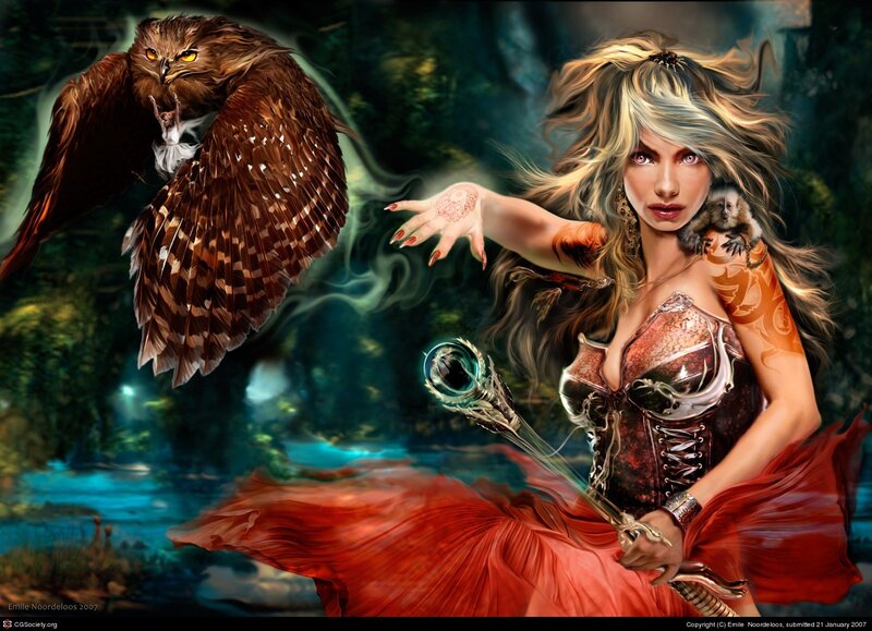 Woman with Owl and Monkey — Red