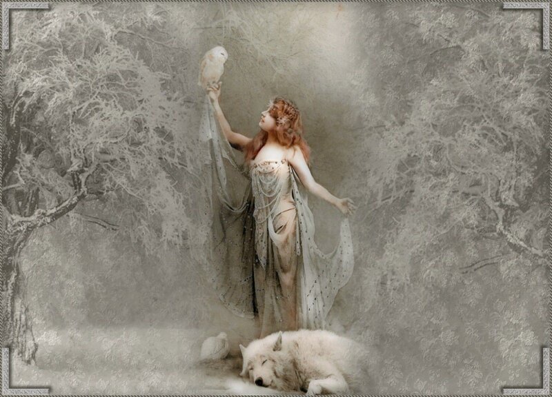 Woman with Owl and Wolf — White