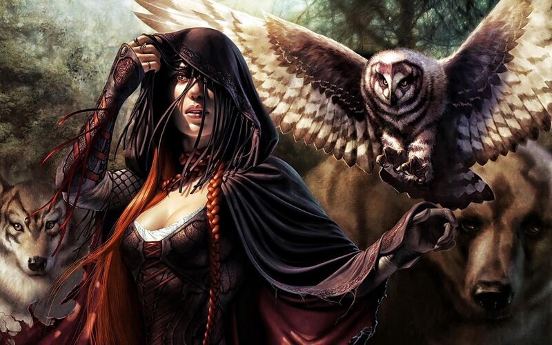 Woman with Owl and Wolves — Black, Dramatic, Digital Art