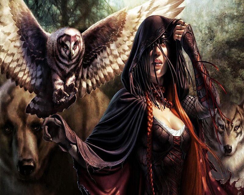 Woman with Owl and Wolves — Black