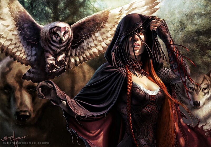 Woman with owl and wolves