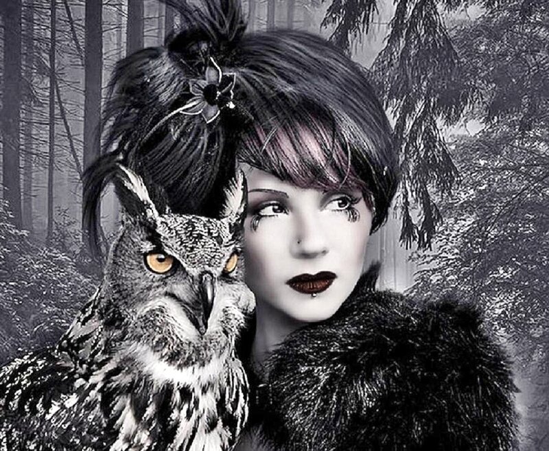 Woman with Owl — Black, Dramatic, Digital Art