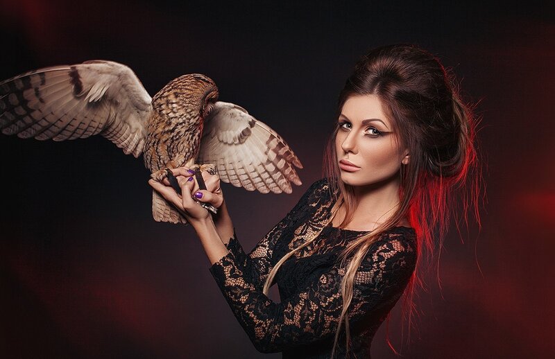 Woman with Owl — Black, Dramatic