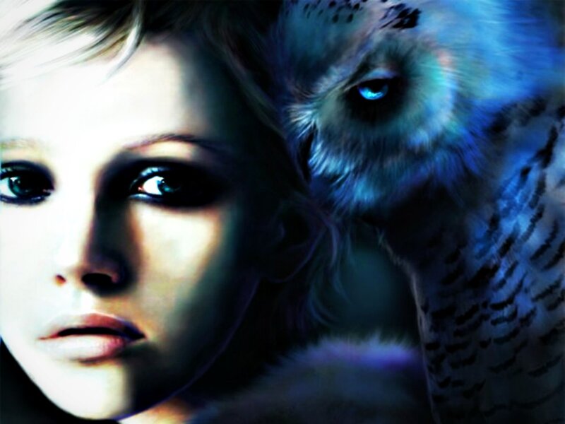 Woman with Owl — Blue, Dramatic, Night, Digital Art