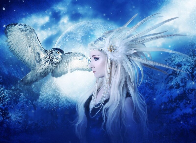 Woman with Owl — Blue, Fantasy