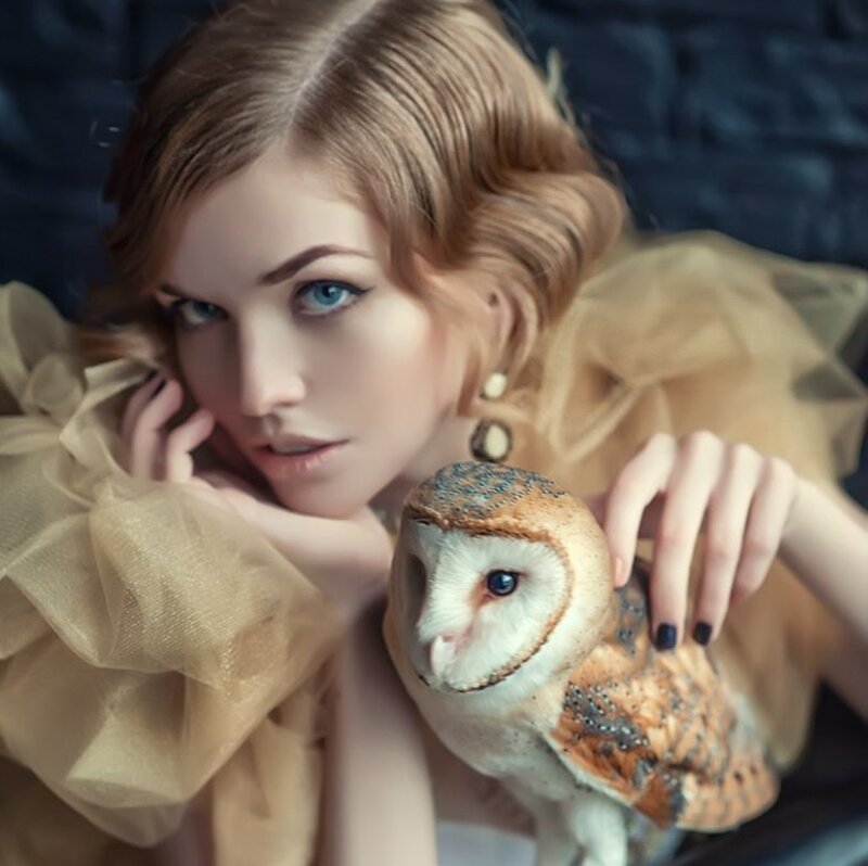 Woman with Owl — Brown, Dramatic, Photograph