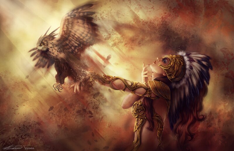 Woman with Owl — Brown, Dramatic