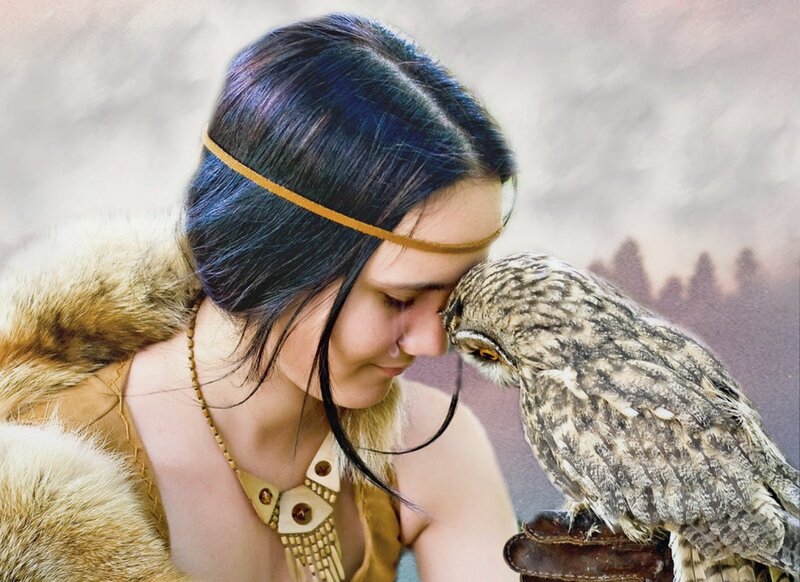 Woman with Owl — Brown, Serene, Sunset