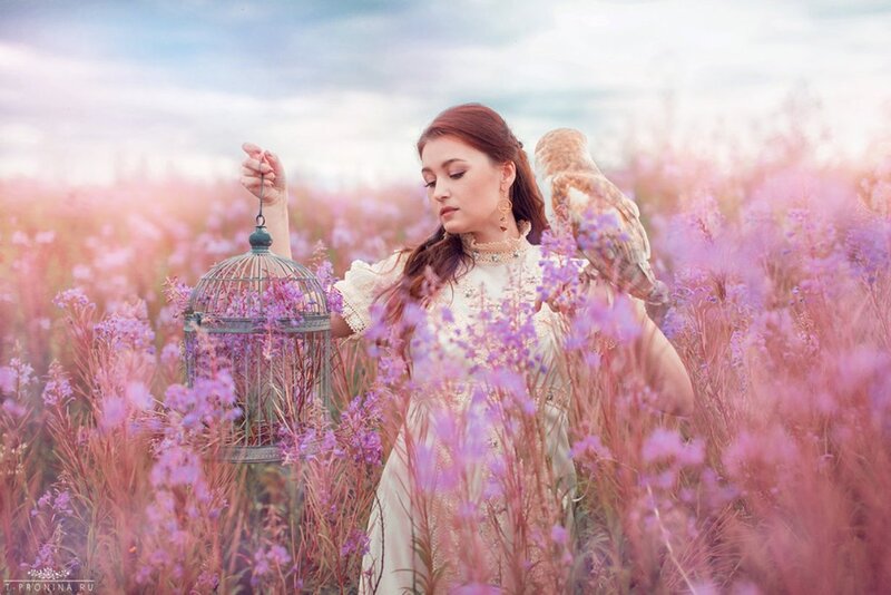 Woman with Owl in Field — Purple