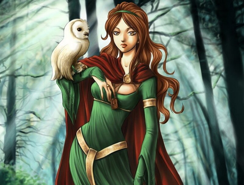 woman with owl in forest