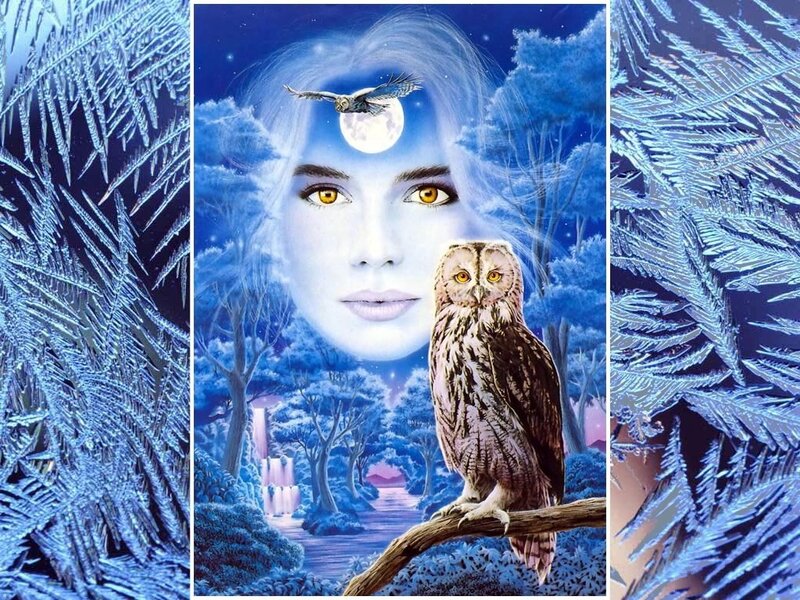 woman with owl in forest