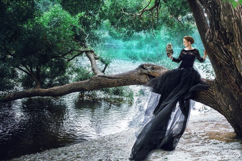 Woman with Owl in Forest — Black, Dramatic, Photograph