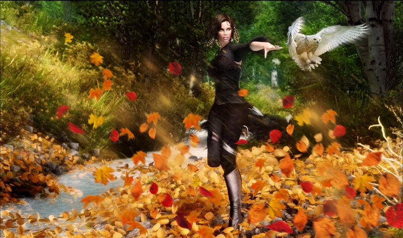 Woman with Owl in Forest — Black, Dramatic