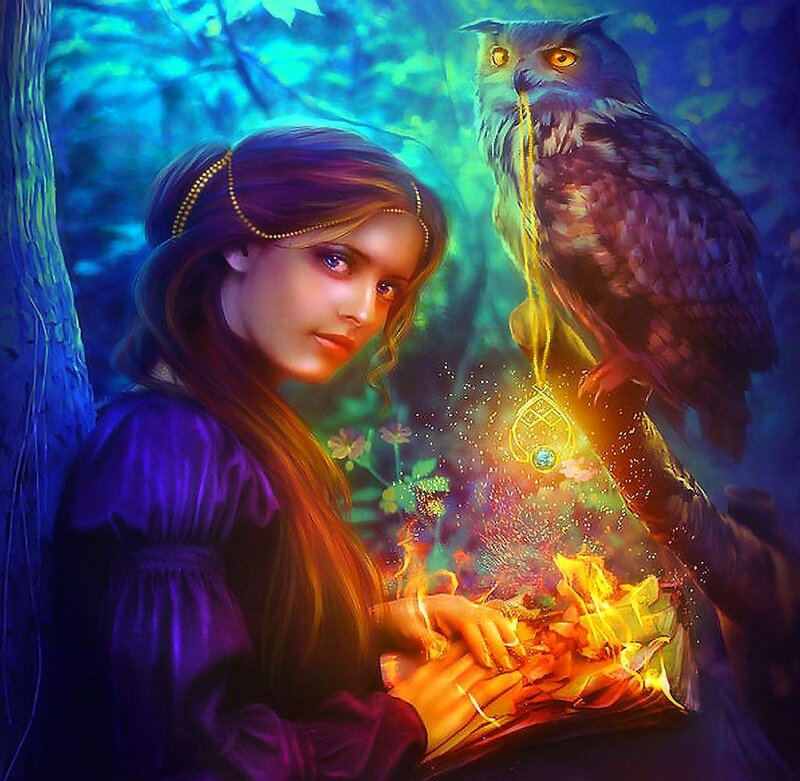 Woman with Owl in Forest — Blue