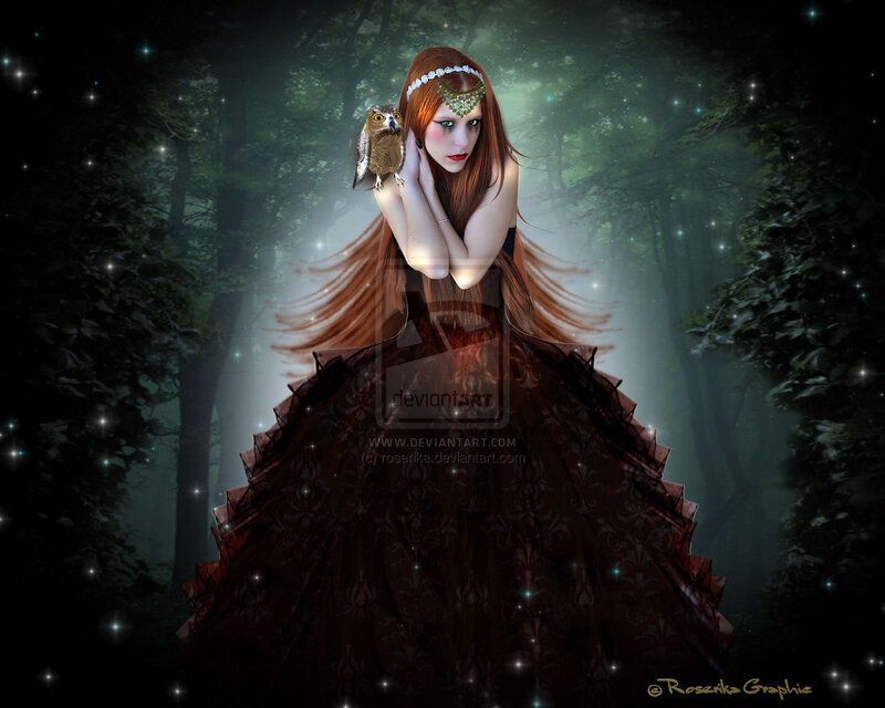 Woman with Owl in Forest — Brown, Mystical