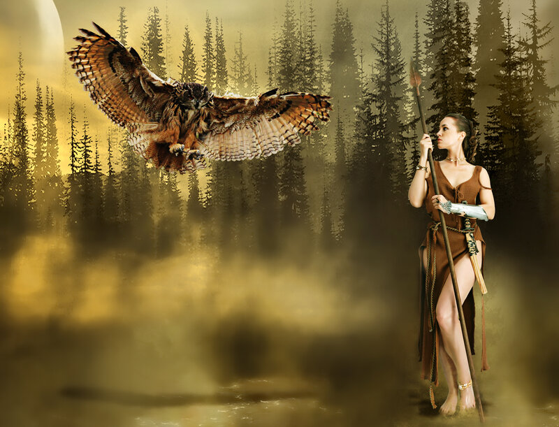 Woman with Owl in Forest — Brown