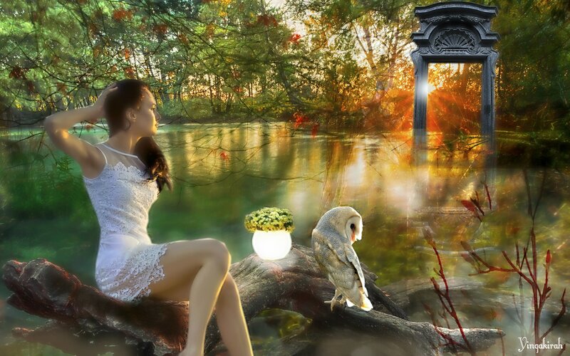 Woman with Owl in Forest — Green