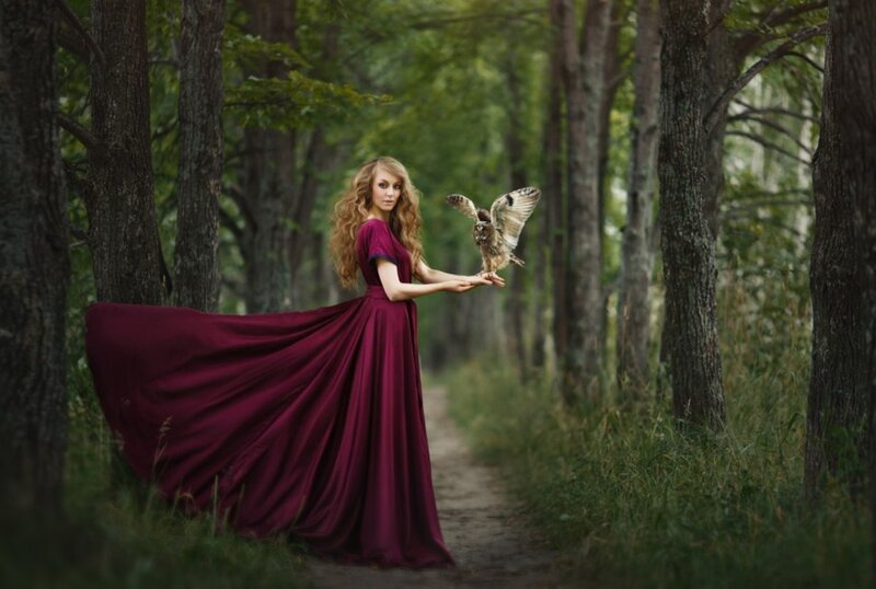 Woman with Owl in Forest — Maroon