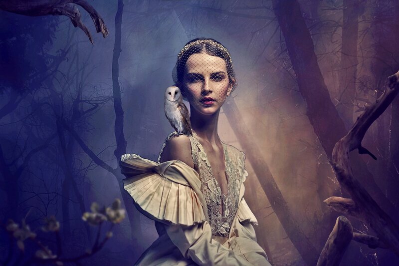 Woman with Owl in Forest — Purple