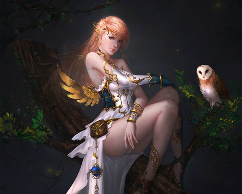 Woman with Owl in Forest — White, Serene
