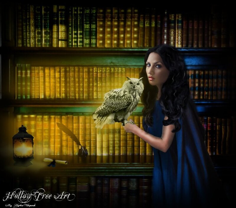 Woman with Owl in Library