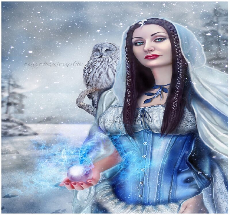 Woman with Owl in Snow — Blue