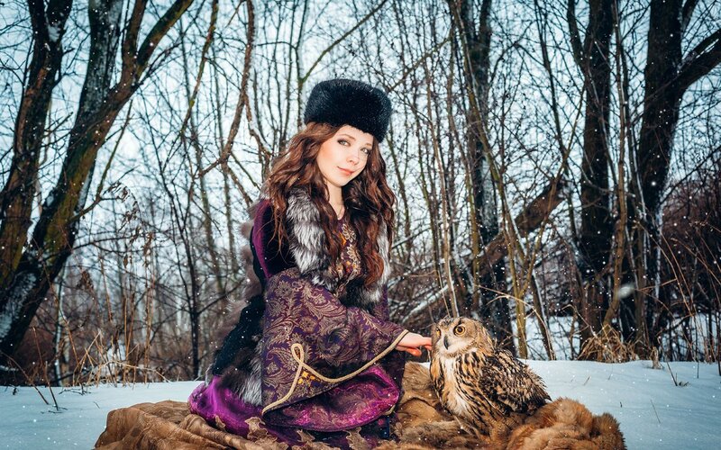 Woman with Owl in Snow — Purple