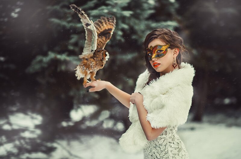 Woman with Owl in Snow — White, Dramatic, Winter