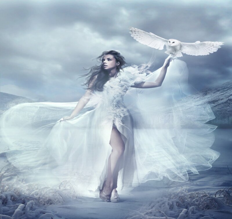 Woman with Owl in Snow — White