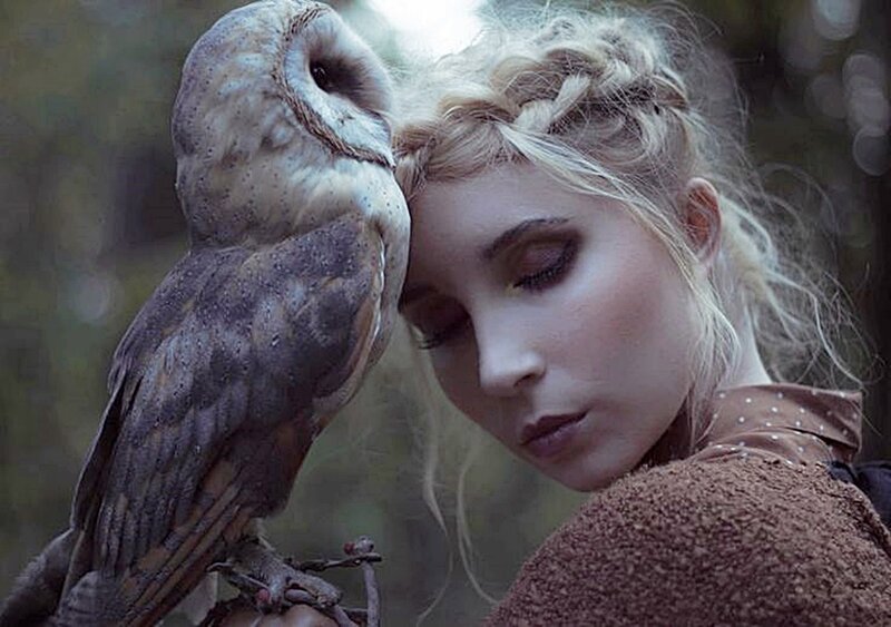 Woman with Owl on Arm — Brown, Serene